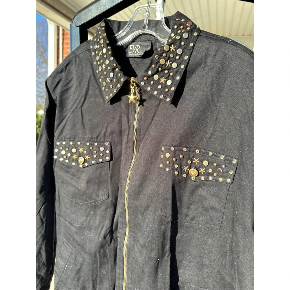 EVR Womens Black Studded Collar Zip Up Jacket‎ Star Charm Embellished Pockets XL